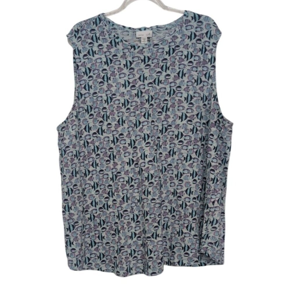 J Jill Love Linen Fish Shirt 2X Blue Tropical Lightweight Coastal Sleeveless